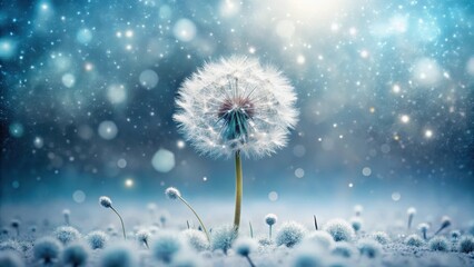 Obraz premium A delicate dandelion flower blooms amidst a flurry of snowflakes gently falling on a winter landscape , peaceful