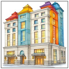 Obraz premium Watercolor Building Illustration Colorful Multi Story Structure with Warm Lighting
