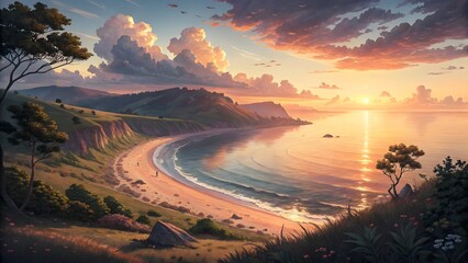 Stunning sunset beach landscape with glowing sky, calm ocean waves, tropical shore, and peaceful coastal scenery in warm light &ndash; serene nature illustration