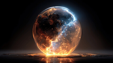 Glowing celestial sphere depicting cosmic elements with vibrant colors and ethereal effects in a dark space