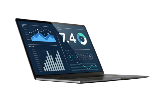 Laptop Displaying Business Analytics Data Graphs Charts and Statistics