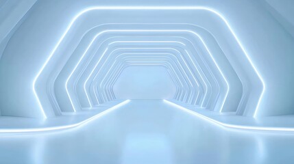 青い光と未来的な空間の幾何学的通路デザイン 白い背景と照明効果