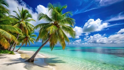Palm trees swaying gently in the ocean breeze on a secluded tropical beach with crystal-clear turquoise waters and powdery white sand