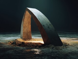 Fototapeta premium Monolithic arch on a shore. Abstract, mysterious mood. Dark water & night sky contrast with the illuminated underside of the structure.