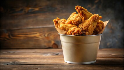 Crispy fried chicken wings piled high in a paper bucket, golden brown and juicy