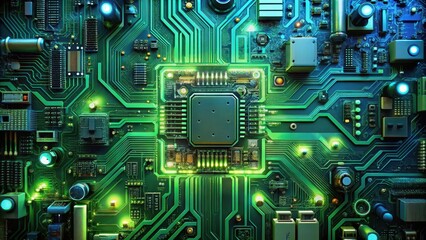 Fototapeta premium Detailed electronic circuit board with green and blue components, wires, and motherboards in a futuristic laboratory setting, electronic components, electronics