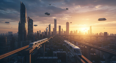 Futuristic Cityscape with Floating Transport and Sunrise Glow