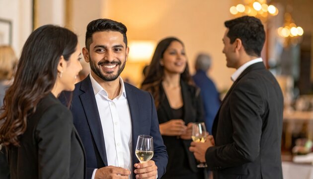 Diverse business professionals networking at a corporate event with wine glasses, fostering connections and collaboration in a modern setting