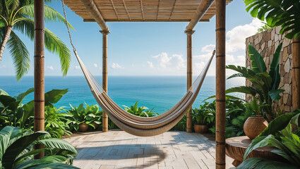 Obraz na płótnie Canvas Tranquil hammock with ocean view in a tropical setting relaxation and vacation concept