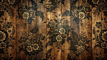 Dark, mysterious floral patterns with black calligraphy typography in a distressed wood grain background, evoking an air of elegance and sophistication , ornate, mystical