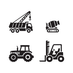 Black Silhouettes of Excavator, Crane, Mixer, Tractor, and Forklift , Vector Icons of Construction Site Vehicles and Machinery