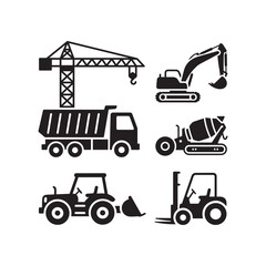 Black Silhouettes of Excavator, Crane, Mixer, Tractor, and Forklift , Vector Icons of Construction Site Vehicles and Machinery