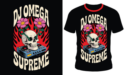 DJ Omega Supreme T-Shirt Design with Skull and Flowers