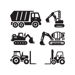 Black Silhouettes of Excavator, Crane, Mixer, Tractor, and Forklift , Vector Icons of Construction Site Vehicles and Machinery