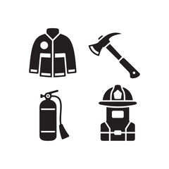 Firefighting Tools and Gear Icons in Minimalist Style, Emergency Fire Equipment Vector Icons – Black and White, Fire Truck, Helmet, and Extinguisher Silhouettes