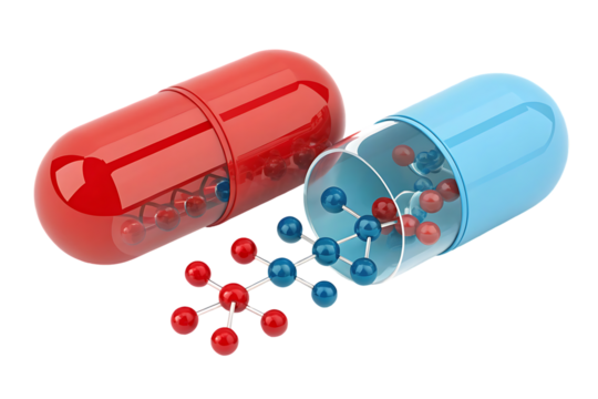 Red and Blue Capsules with Molecular Structures Spilling Out