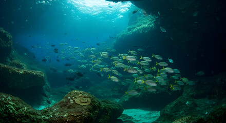 Underwater Scene with Colorful Fish Swimming Among Rocks