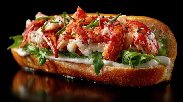 Delicious lobster roll served on fresh bread with greens and creamy sauce, perfect for seafood lovers at lunchtime