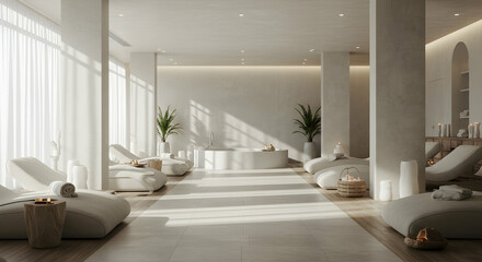 Serene and Minimalist Spa Interior with Natural Light and Relaxation Zones