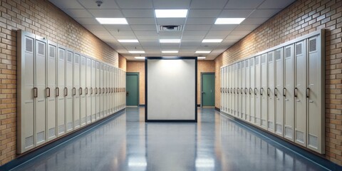 A university corridor with a lone empty poster frame hanging from the wall, surrounded by lockers and classrooms, university corridor, school hallways