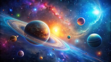 Vibrant galaxy with colorful planets surrounded by a halo of light, set against a dark blue background, with stars and nebulas in the foreground, astronomy, vibrant
