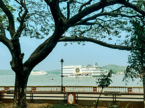 Goa, India - February 20, 2025: Casinos on the Mandovi River in the town of Panaji outside of Goa, India
