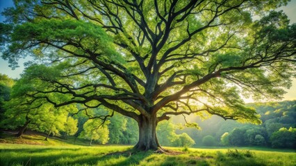 Obraz premium A majestic oak tree stands alone in a lush green forest, its sturdy branches stretching towards the sky, leaves rustling softly in the gentle breeze , landscape, natural world