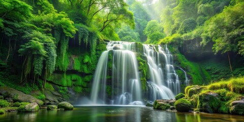 waterfall cascading down green forest, jungle, forest, jungle,forest,wildlife,liquid,vine,misty,flower,tree,leaf,lush,drip,stream