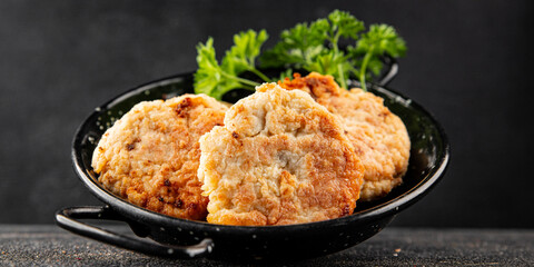 Meat cutlet pork, beef, chicken fried meat dish fresh gourmet food background on the table rustic food top view copy space