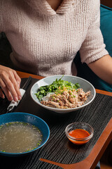 asian noodle with duck and vegetables