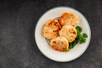 Meat cutlet pork, beef, chicken fried meat dish fresh gourmet food background on the table rustic food top view copy space