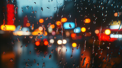 A window with raindrops on it and a blurry background of lights