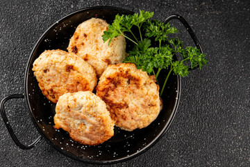 Meat cutlet pork, beef, chicken fried meat dish fresh gourmet food background on the table rustic food top view copy space