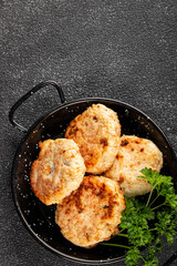 Meat cutlet pork, beef, chicken fried meat dish fresh gourmet food background on the table rustic food top view copy space