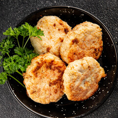 Meat cutlet pork, beef, chicken fried meat dish fresh gourmet food background on the table rustic food top view copy space