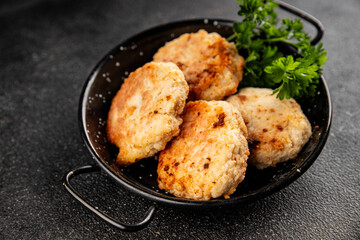 Meat cutlet pork, beef, chicken fried meat dish fresh gourmet food background on the table rustic food top view copy space