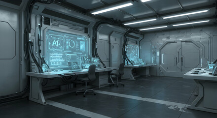 Futuristic Tech Lab Interior with High-Tech Control Panels and Monitors
