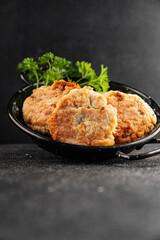 Meat cutlet pork, beef, chicken fried meat dish fresh gourmet food background on the table rustic food top view copy space