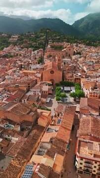 Aerial view of the picturesque town of Pollensa in Mallorca, Spain.