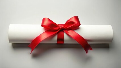 A diploma document with a brightly colored red ribbon tied around its middle section , certificate