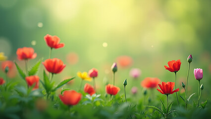 Fototapeta premium Field of Red and Yellow Flowers with Green Foliage