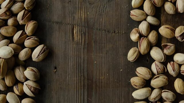 Pile of roasted unpeeled pistachios nuts on wooden table. Nuts background with copy space