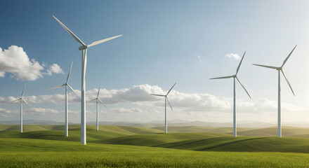 Fototapeta premium Wind Turbines on Green Hills Under Bright Blue Sky with Clouds