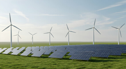 Renewable energy landscape with solar panels and wind turbines