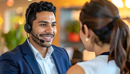 Smiling customer service representative assisting a client with a headset in a modern office setting enhancing customer experience