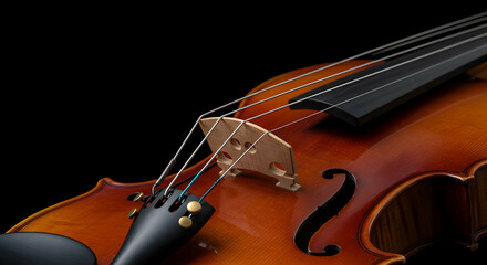 Fototapeta premium Close-Up of Violin Strings and Bridge on Black Background