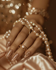Elegant hands with pearl necklaces and gold rings shimmering glitter nails closeup