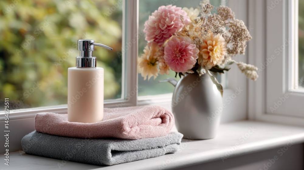 Aufkleber soft towels in pastel hues rest on a windowsill beside a sleek soap dispenser. a charming vase of fr