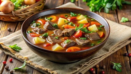 Hearty vegetable soup with tender chunks of beef in a rich savory broth, garnished with fresh herbs and served hot, hearty, warm