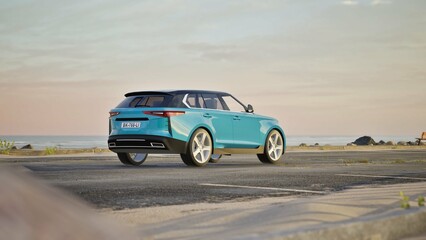 A stunning light-blue SUV is parked on a road during daylight in a city. Teal SUV on a Coastal Road at Sunset, Blue Electric SUV in Desert Landscape, Sunset on the Beach, SUV on a coastal city road © 2D